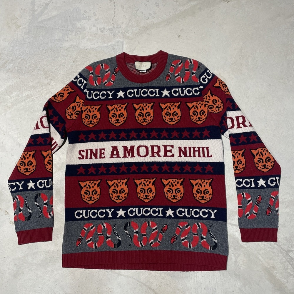 100% AUTHENTIC Gucci Sine Amore Nihil Wool Sweater Men SZ M AOP Red Snakes Tiger